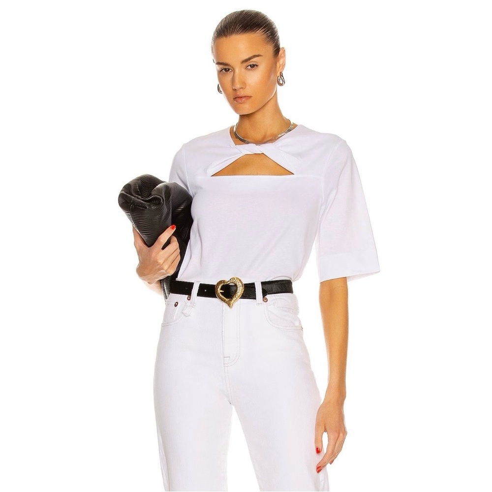 Ganni Basic Cotton Jersey Cutout Twist Short Sleeve Top White Minimalist Size M